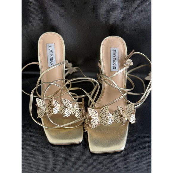 Steve Madden Utopia Gold Butterfly Lace Up Heels Party Evening Square Toe - Picture 1 of 4
